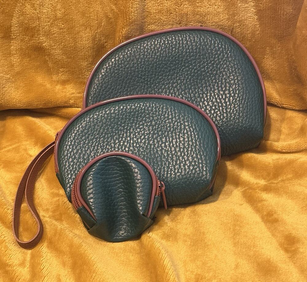 Deep Green Pebbled Faux Leather Zipper Pouches Set of 3 Nesting Bags Brown Trim